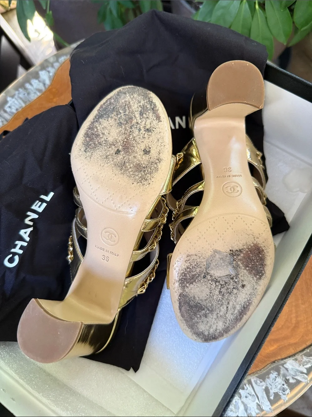 CHANEL Gold Chain-Trim High Block Heel Mules